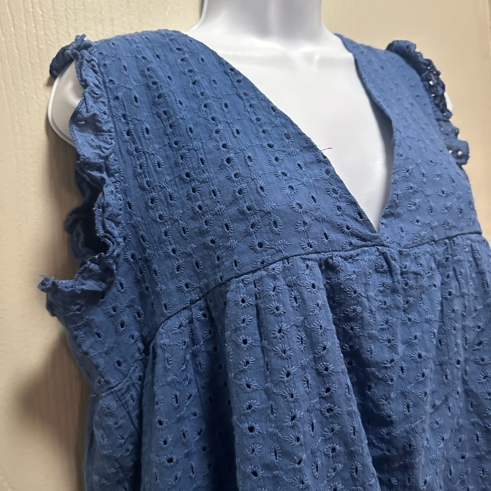 Blue Eyelet Babydoll Dress with Ruffle Sleeves - Size Large - Summer Chic - Picture 16 of 16